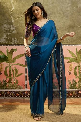 Teal chiffon embeoidered saree with unstitched blouse piece
