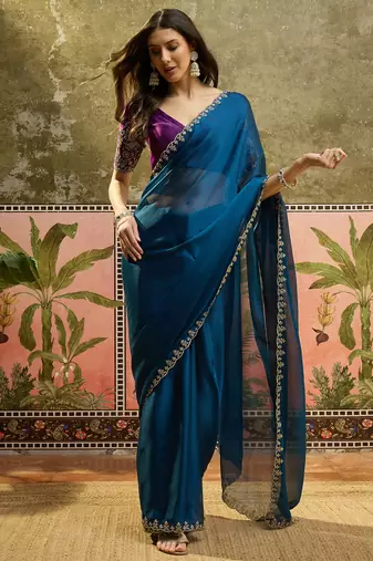 Teal chiffon embeoidered saree with unstitched blouse piece