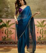 Teal chiffon embeoidered saree with unstitched blouse piece