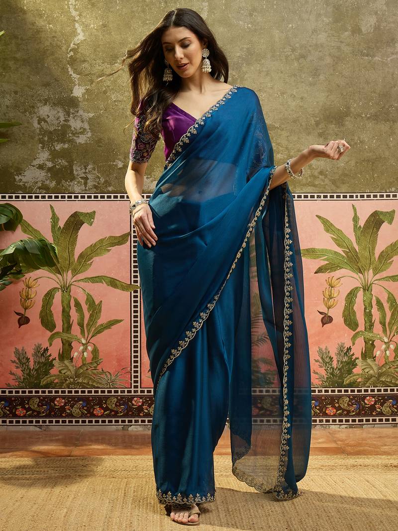 Teal chiffon embeoidered saree with unstitched blouse piece
