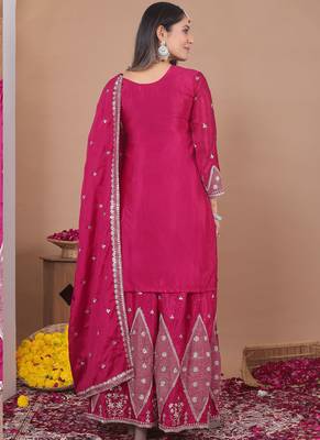 Pink chinon silk sequin embroidered sharara suit 4