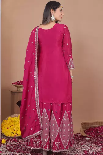 Pink chinon silk sequin embroidered sharara suit