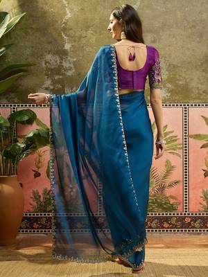 Teal chiffon embeoidered saree with unstitched blouse piece 3