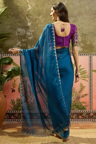 Teal chiffon embeoidered saree with unstitched blouse piece