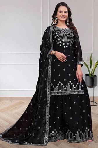 Black chinon silk sequence embroidered sharara suit