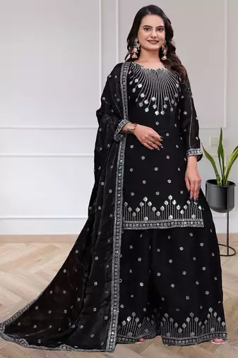 Black chinon silk sequence embroidered sharara suit