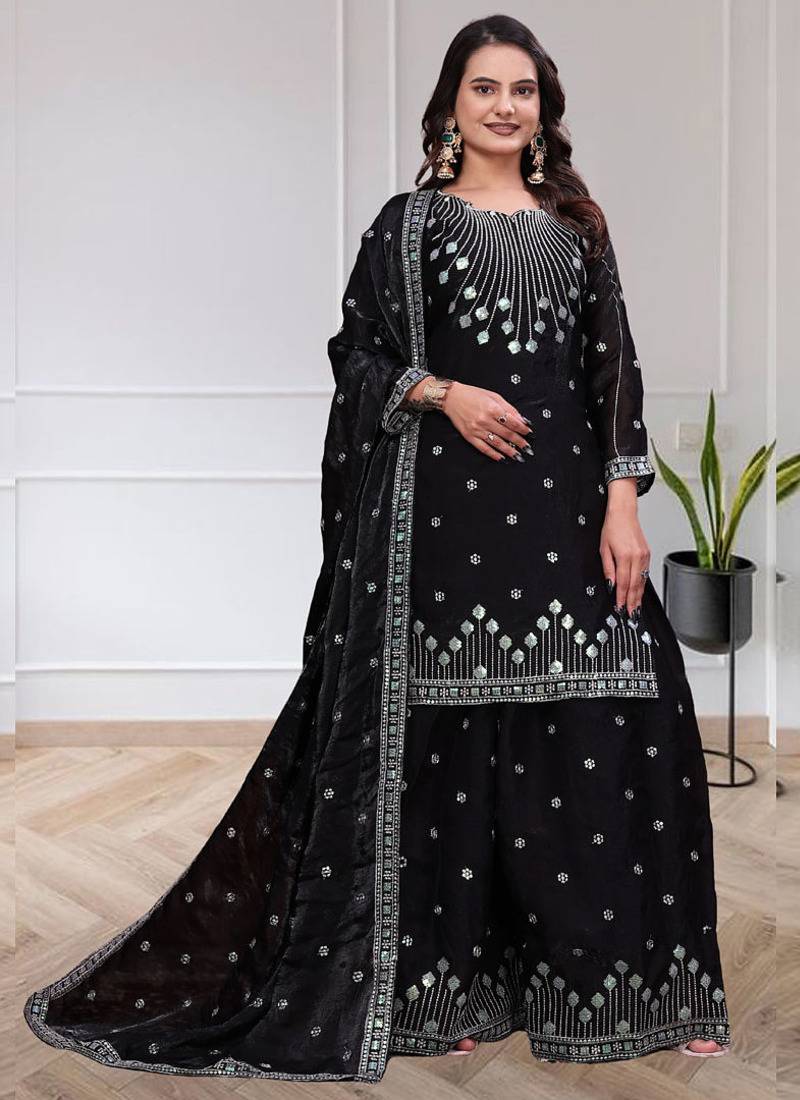 Black chinon silk sequence embroidered sharara suit