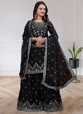 Black chinon silk sequin embroidered sharara suit 2