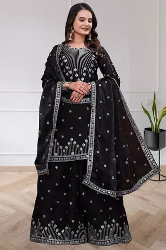 Black chinon silk sequin embroidered sharara suit