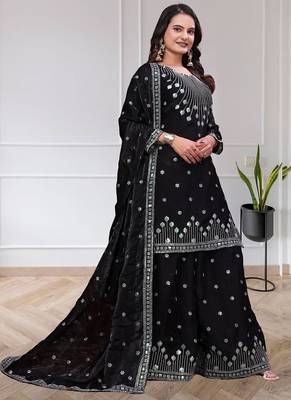 Black chinon silk sequin embroidered sharara suit 3