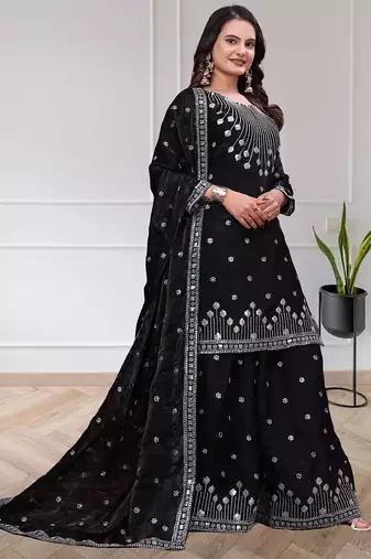 Black chinon silk sequin embroidered sharara suit