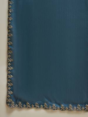 Teal chiffon embeoidered saree with unstitched blouse piece 5
