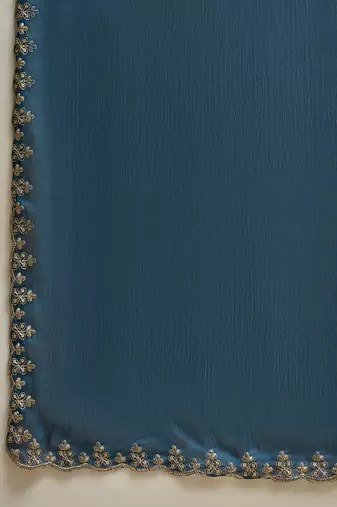 Teal chiffon embeoidered saree with unstitched blouse piece