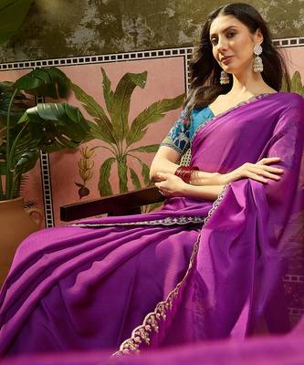 Wine chiffon embeoidered saree with unstitched blouse piece 2