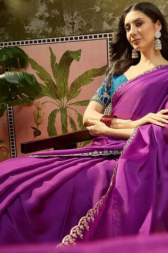 Wine chiffon embeoidered saree with unstitched blouse piece