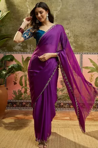 Wine chiffon embeoidered saree with unstitched blouse piece