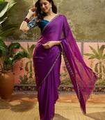 Wine chiffon embeoidered saree with unstitched blouse piece