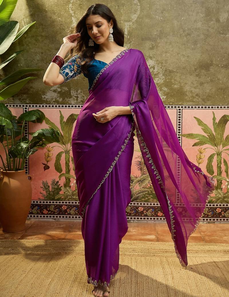 Wine chiffon embeoidered saree with unstitched blouse piece