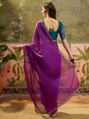Wine chiffon embeoidered saree with unstitched blouse piece 3