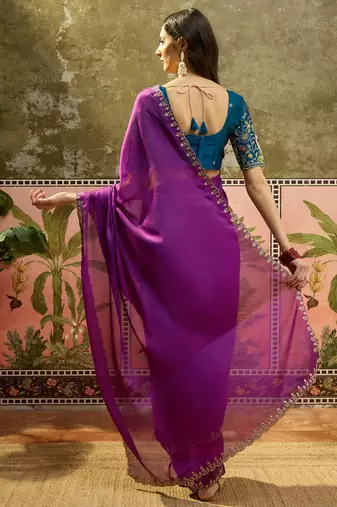Wine chiffon embeoidered saree with unstitched blouse piece