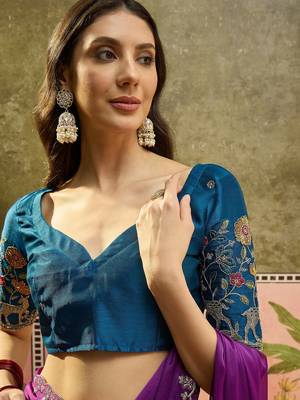 Wine chiffon embeoidered saree with unstitched blouse piece 4