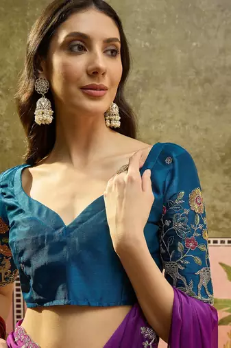 Wine chiffon embeoidered saree with unstitched blouse piece