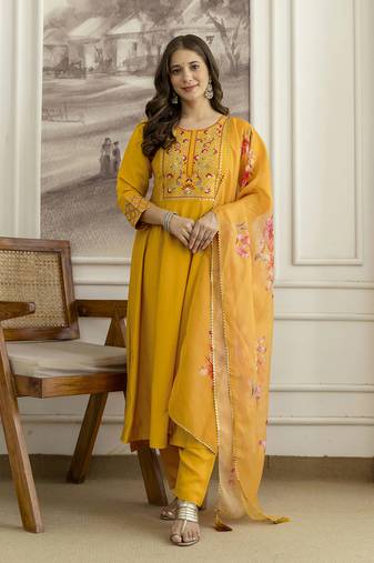 Yellow  Silk blend  Embroidery Sequin Work Kurta Pant Dupatta Set 