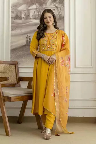 Yellow  Silk blend  Embroidery Sequence Work Kurta Pant Dupatta Set 