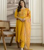 Yellow  Silk blend  Embroidery Sequence Work Kurta Pant Dupatta Set 