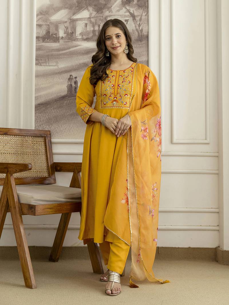Yellow  Silk blend  Embroidery Sequence Work Kurta Pant Dupatta Set 