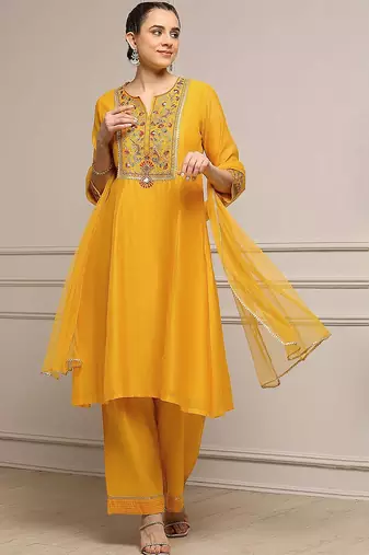 Yellow Cotton Silk Embroidery Sequence Work Kurta Pant Dupatta Set 