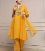 Yellow Cotton Silk Embroidery Sequence Work Kurta Pant Dupatta Set 