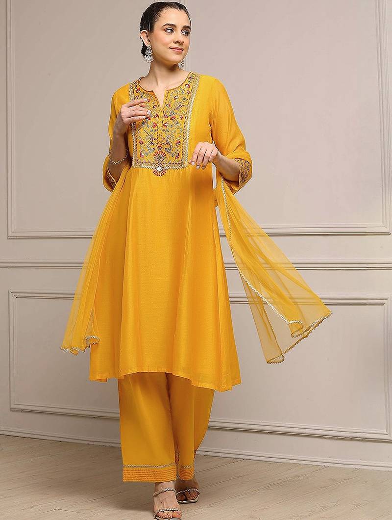 Yellow Cotton Silk Embroidery Sequence Work Kurta Pant Dupatta Set 