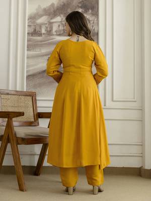 Yellow  Silk blend  Embroidery Sequence Work Kurta Pant Dupatta Set  2