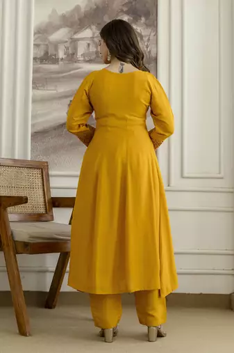 Yellow  Silk blend  Embroidery Sequence Work Kurta Pant Dupatta Set 