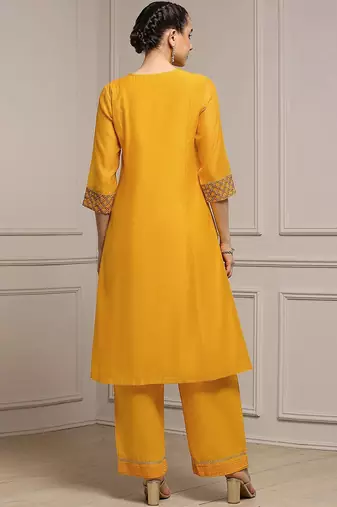 Yellow Cotton Silk Embroidery Sequence Work Kurta Pant Dupatta Set 