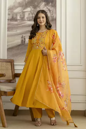 Yellow  Silk blend  Embroidery Sequence Work Kurta Pant Dupatta Set 