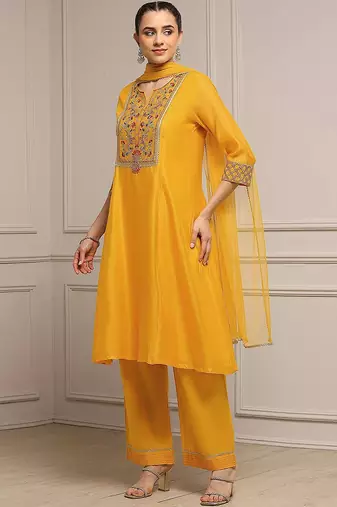 Yellow Cotton Silk Embroidery Sequence Work Kurta Pant Dupatta Set 