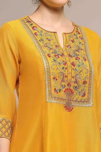 Yellow Cotton Silk Embroidery Sequence Work Kurta Pant Dupatta Set 