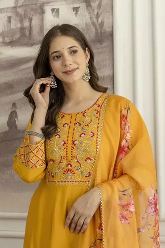 Yellow  Silk blend  Embroidery Sequence Work Kurta Pant Dupatta Set 