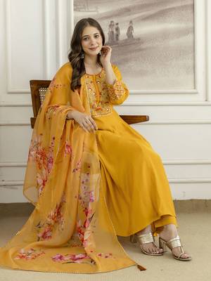 Yellow  Silk blend  Embroidery Sequence Work Kurta Pant Dupatta Set  5