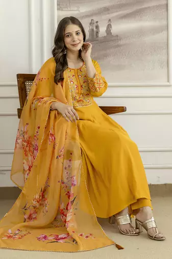 Yellow  Silk blend  Embroidery Sequence Work Kurta Pant Dupatta Set 