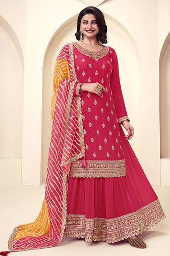 pink Art Silk Embroidery Sequence Work Kurta Palazzo Dupatta For Women