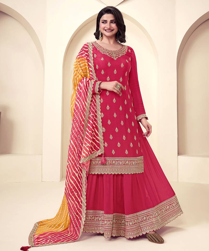 pink Art Silk Embroidery Sequence Work Kurta Palazzo Dupatta For Women