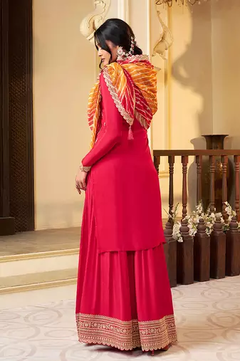 pink Art Silk Embroidery Sequence Work Kurta Palazzo Dupatta For Women