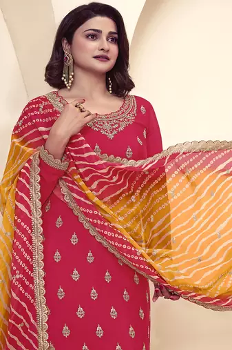pink Art Silk Embroidery Sequence Work Kurta Palazzo Dupatta For Women