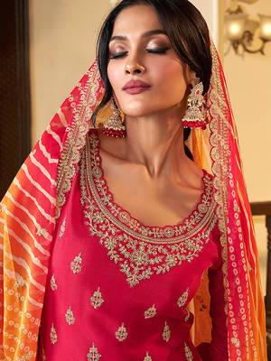 pink Art Silk Embroidery Sequence Work Kurta Palazzo Dupatta For Women 4