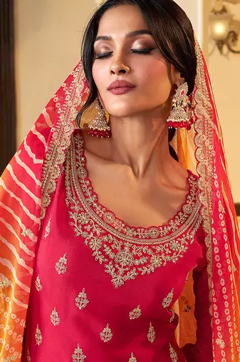 pink Art Silk Embroidery Sequence Work Kurta Palazzo Dupatta For Women
