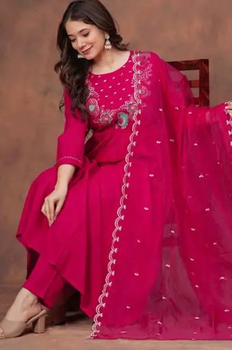 Women's pink embroidered rayon kurta pant set with organza dupatta for festive & party wear