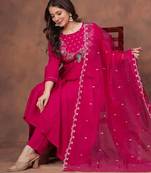 Women's pink embroidered rayon kurta pant set with organza dupatta for festive & party wear
